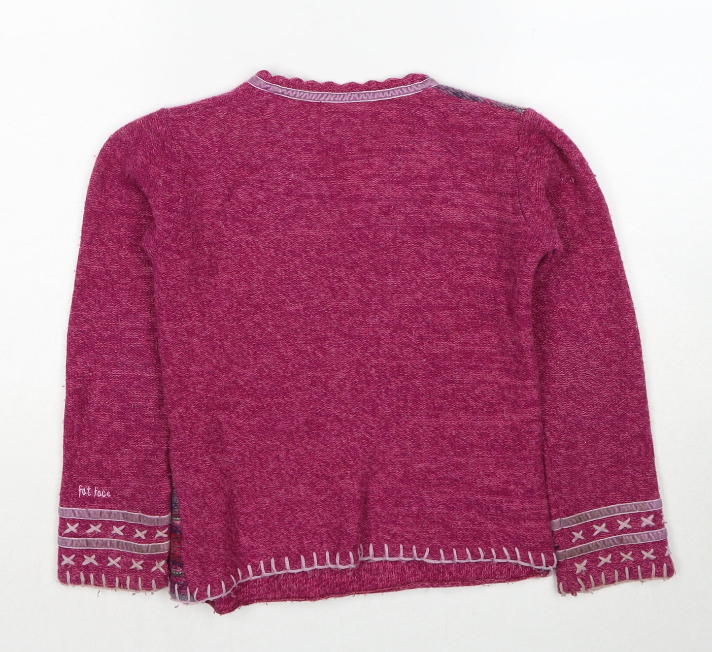 Fat Face Girls Pink V-Neck Geometric Wool Pullover Jumper Size 8-9 Years Pullover