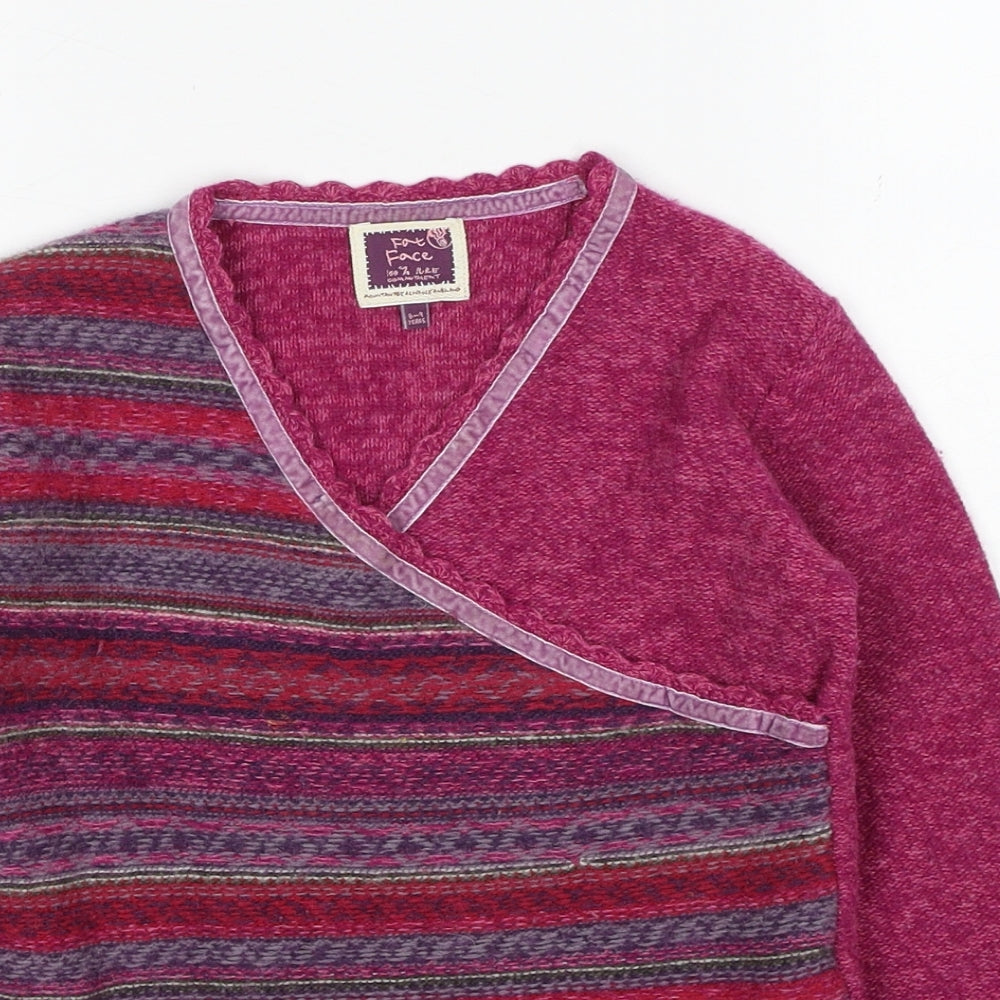 Fat Face Girls Pink V-Neck Geometric Wool Pullover Jumper Size 8-9 Years Pullover