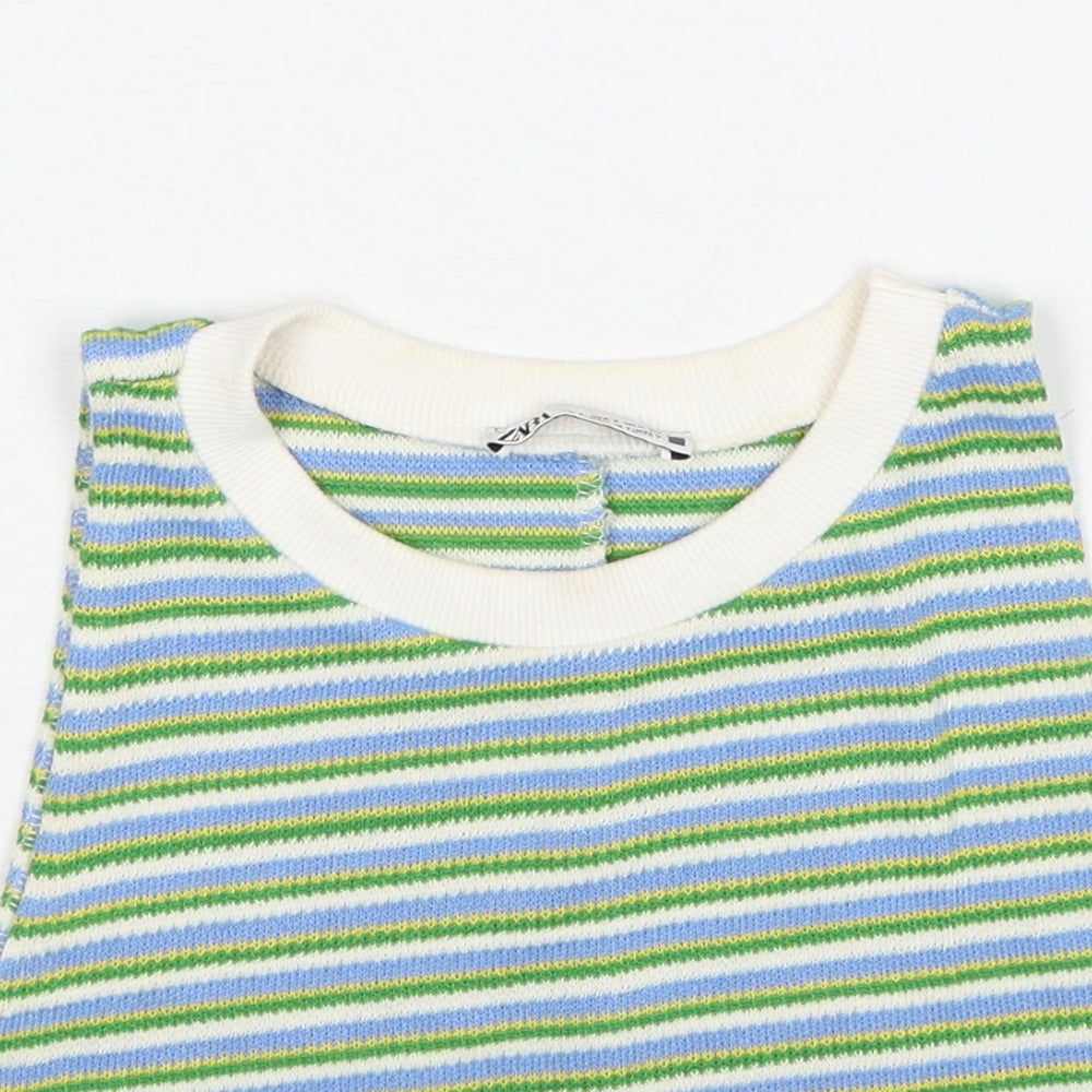 Zara Womens Green Striped Polyester Cropped Tank Size S Round Neck