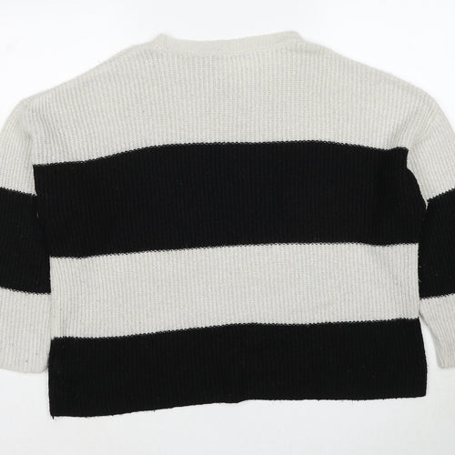 Marks and Spencer Womens Grey Round Neck Striped Acrylic Pullover Jumper Size L