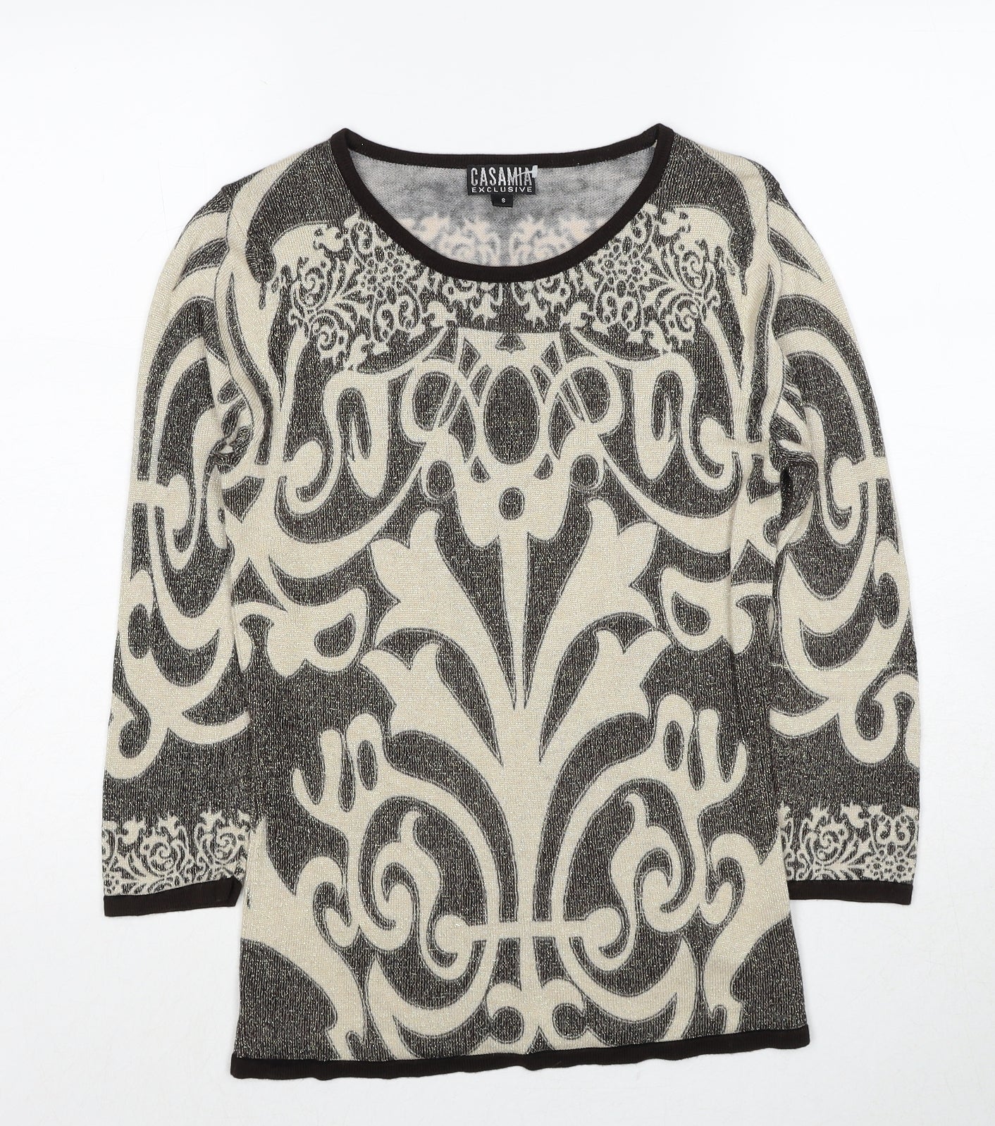 Casamia Womens Beige Round Neck Geometric Viscose Pullover Jumper Size S
