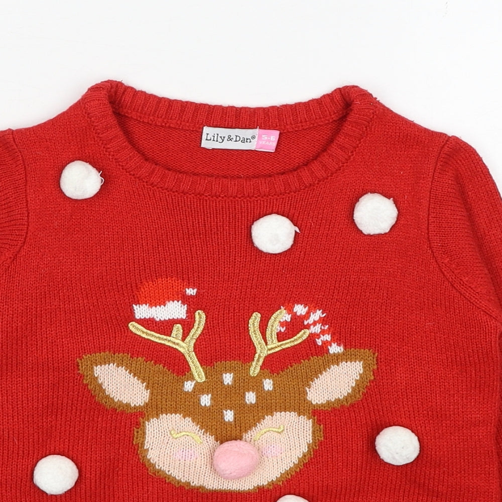 Lily & Dan Girls Red Round Neck Acrylic Pullover Jumper Size 5-6 Years Pullover - Reindeer