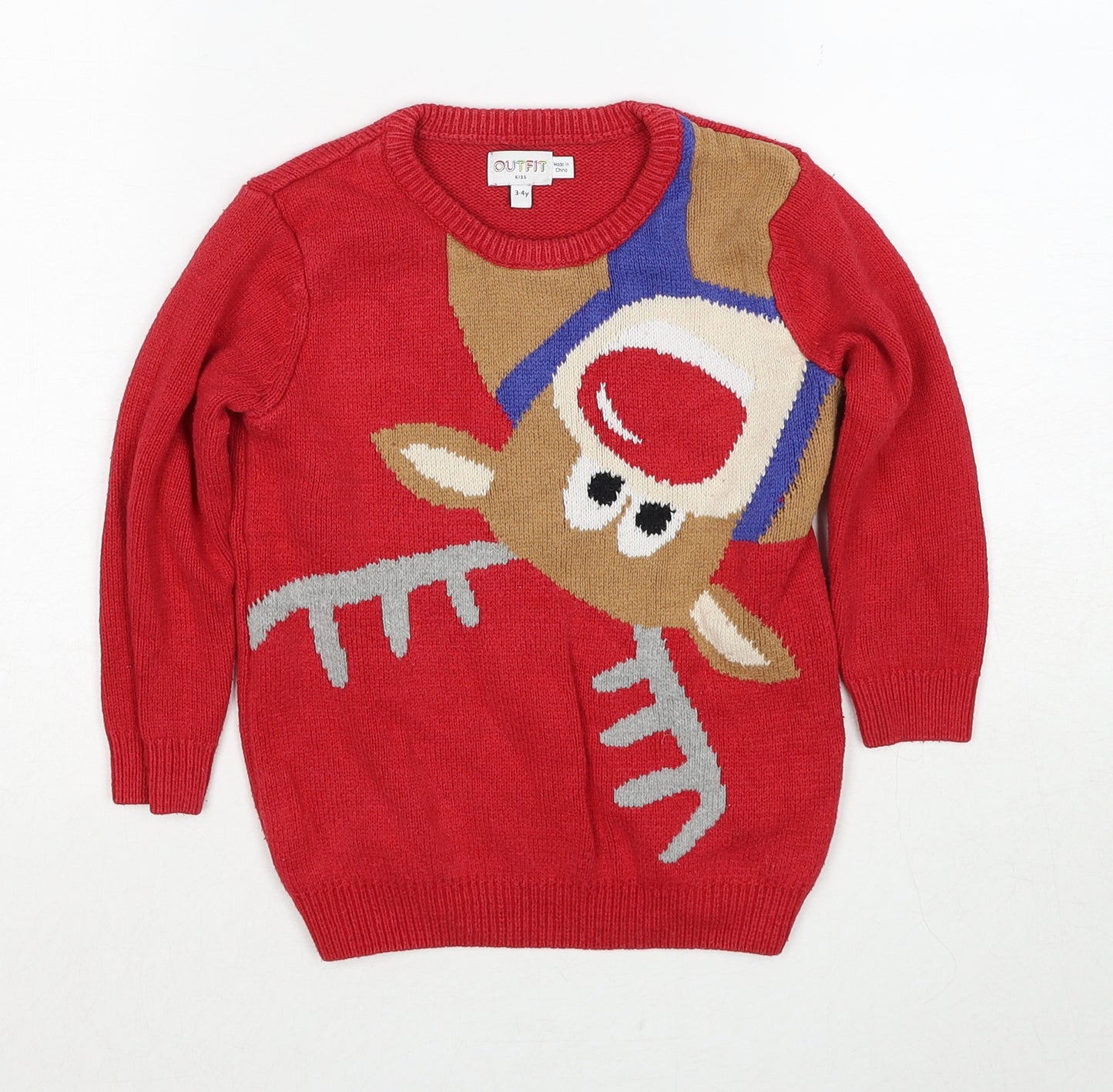 Outfit Boys Red Round Neck Cotton Pullover Jumper Size 3-4 Years Pullover - Christmas Reindeer