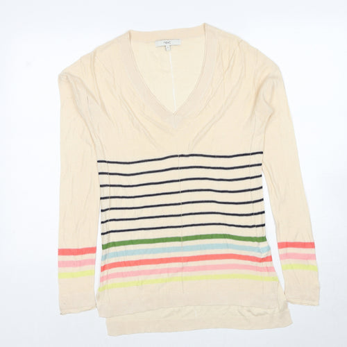 NEXT Womens Beige V-Neck Striped Viscose Pullover Jumper Size 8