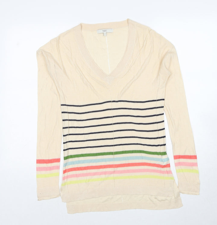 NEXT Womens Beige V-Neck Striped Viscose Pullover Jumper Size 8