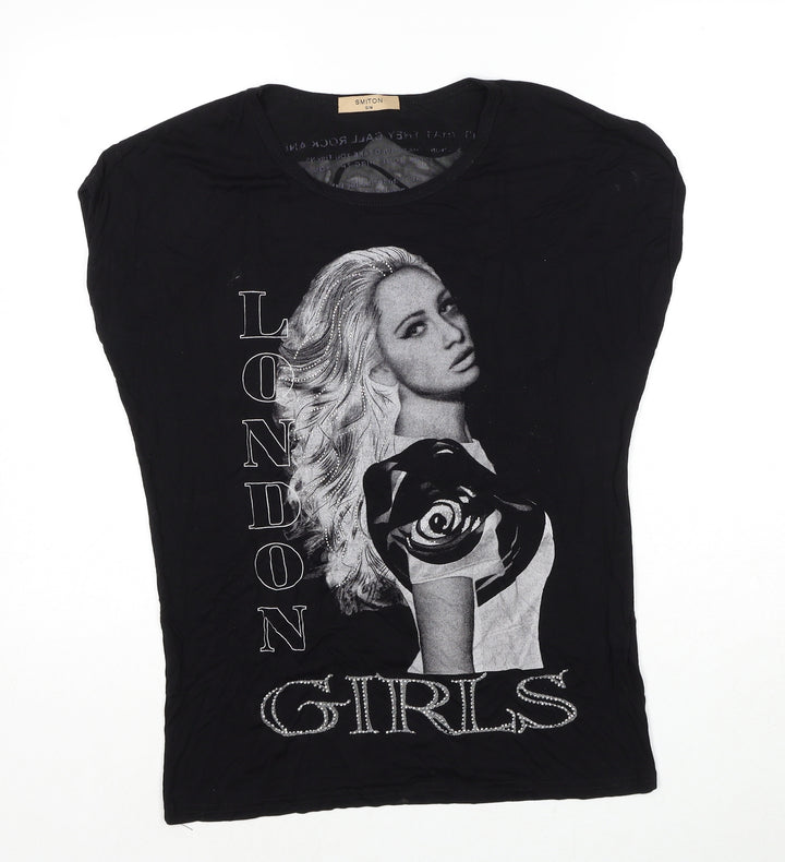 Smiton Womens Black Viscose Basic T-Shirt Size S Round Neck - London Girls, Size S/M