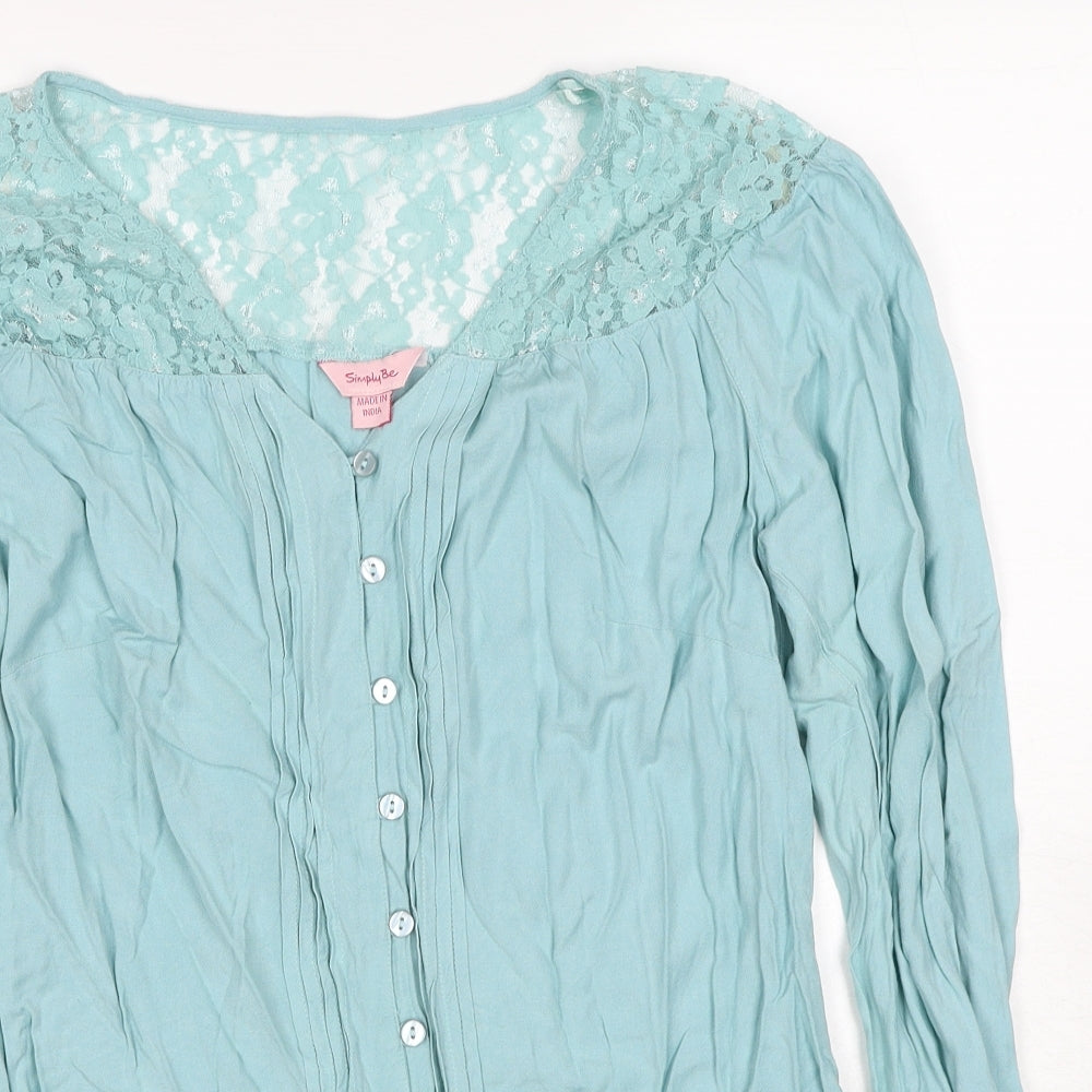 Simply Be Womens Blue Viscose Basic Button-Up Size 12 V-Neck