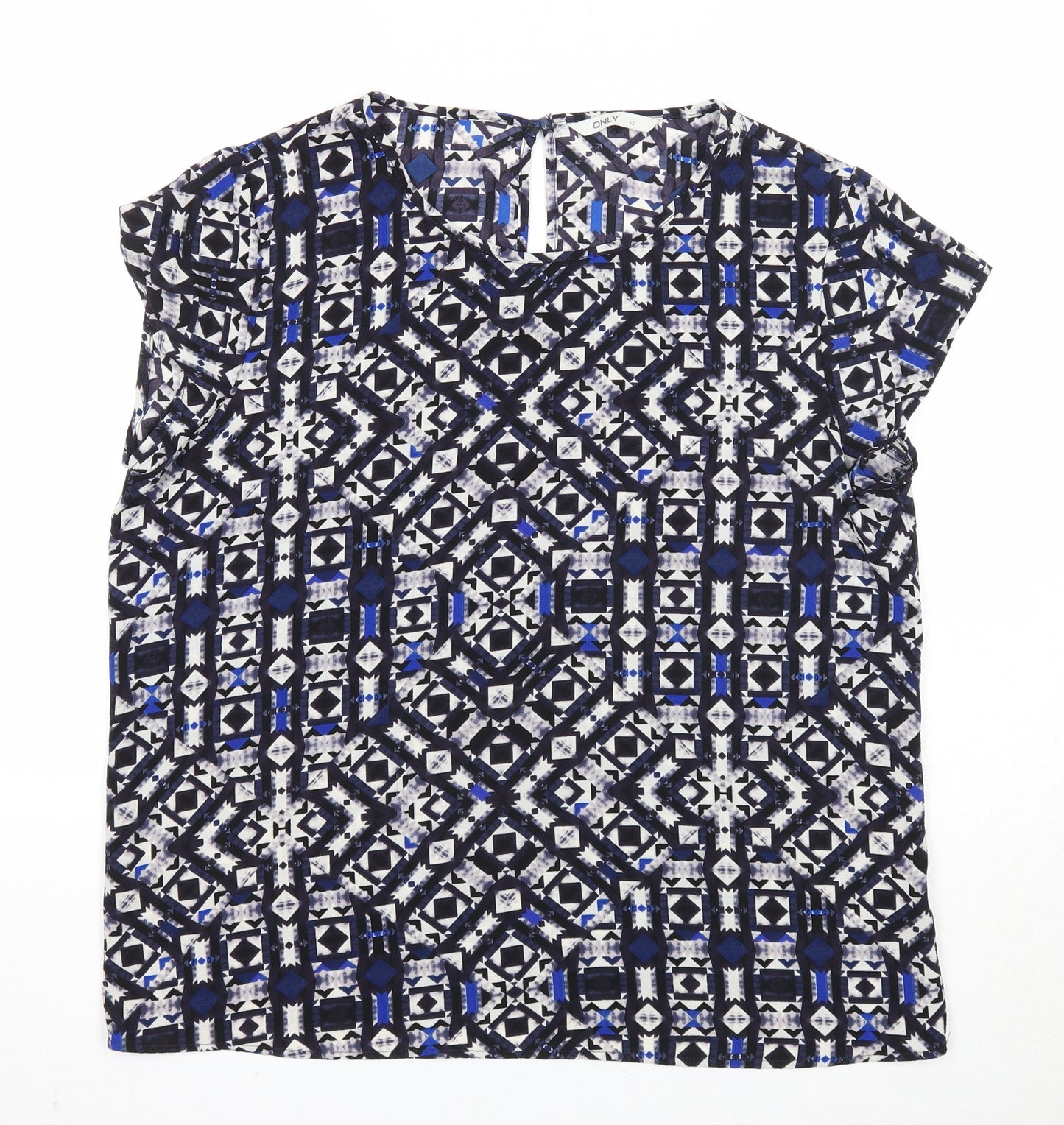 Only Womens Blue Geometric Polyester Basic Blouse Size 14 Round Neck