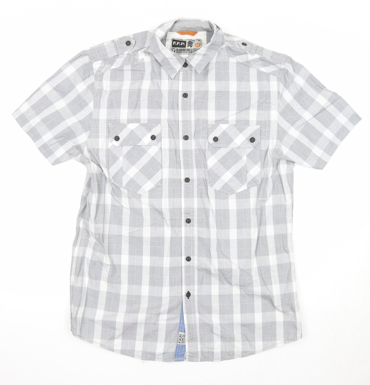 F.F.P Mens Grey Check Cotton Button-Up Size M Collared Button