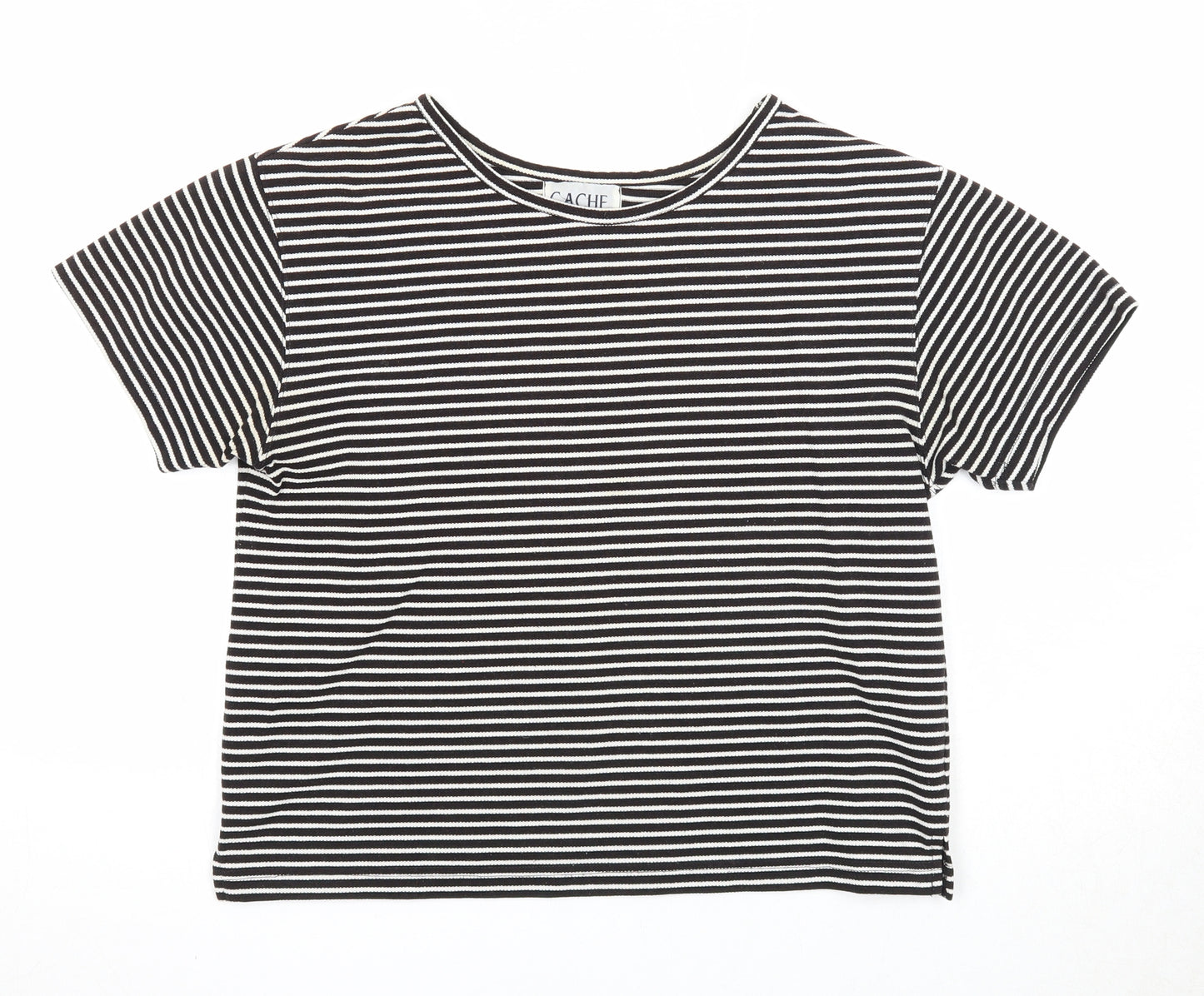 Cache Creek Womens Black Striped Polyester Basic T-Shirt Size M Round Neck