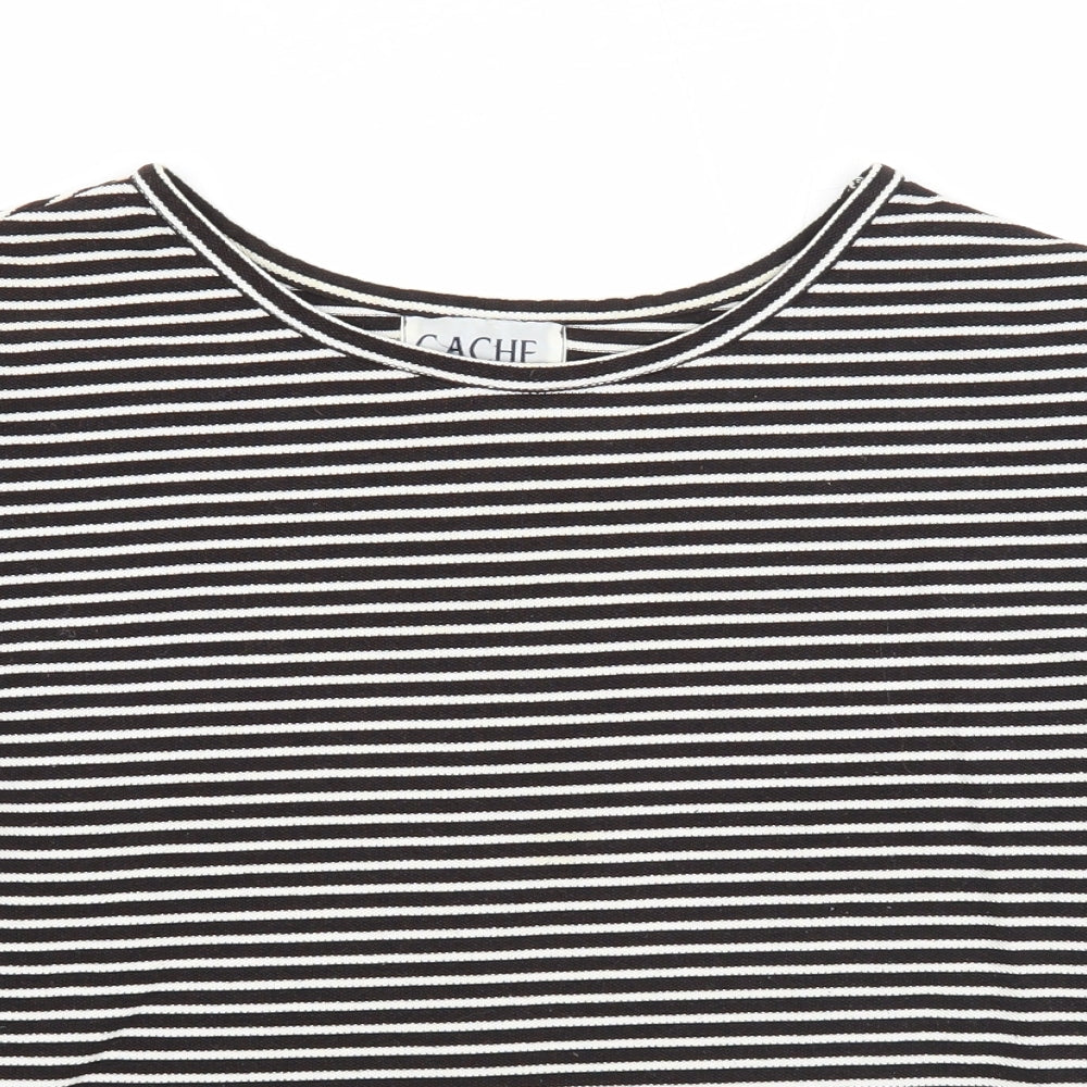 Cache Creek Womens Black Striped Polyester Basic T-Shirt Size M Round Neck