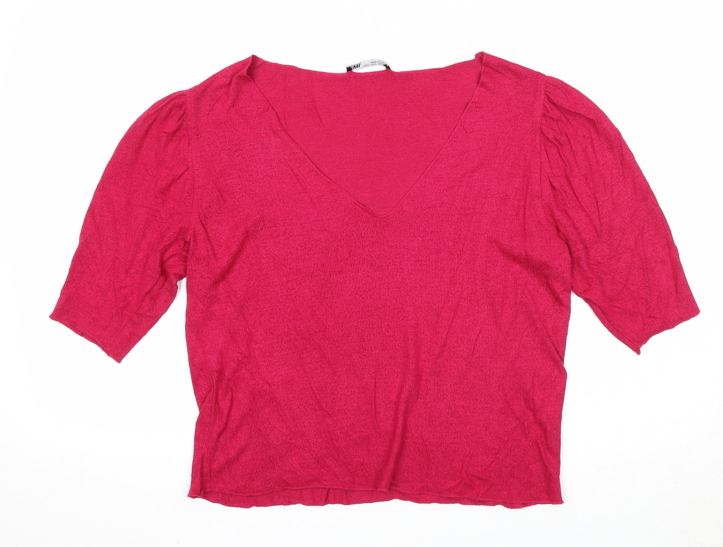 Zara Womens Pink V-Neck Viscose Pullover Jumper Size M