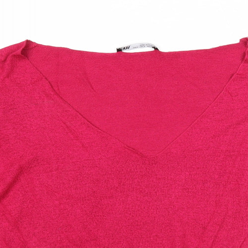 Zara Womens Pink V-Neck Viscose Pullover Jumper Size M