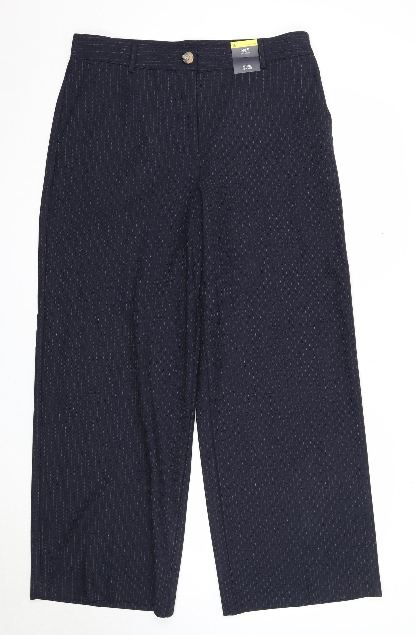 Marks and Spencer Womens Blue Striped Polyester Dress Pants Trousers Size 16 Regular Zip