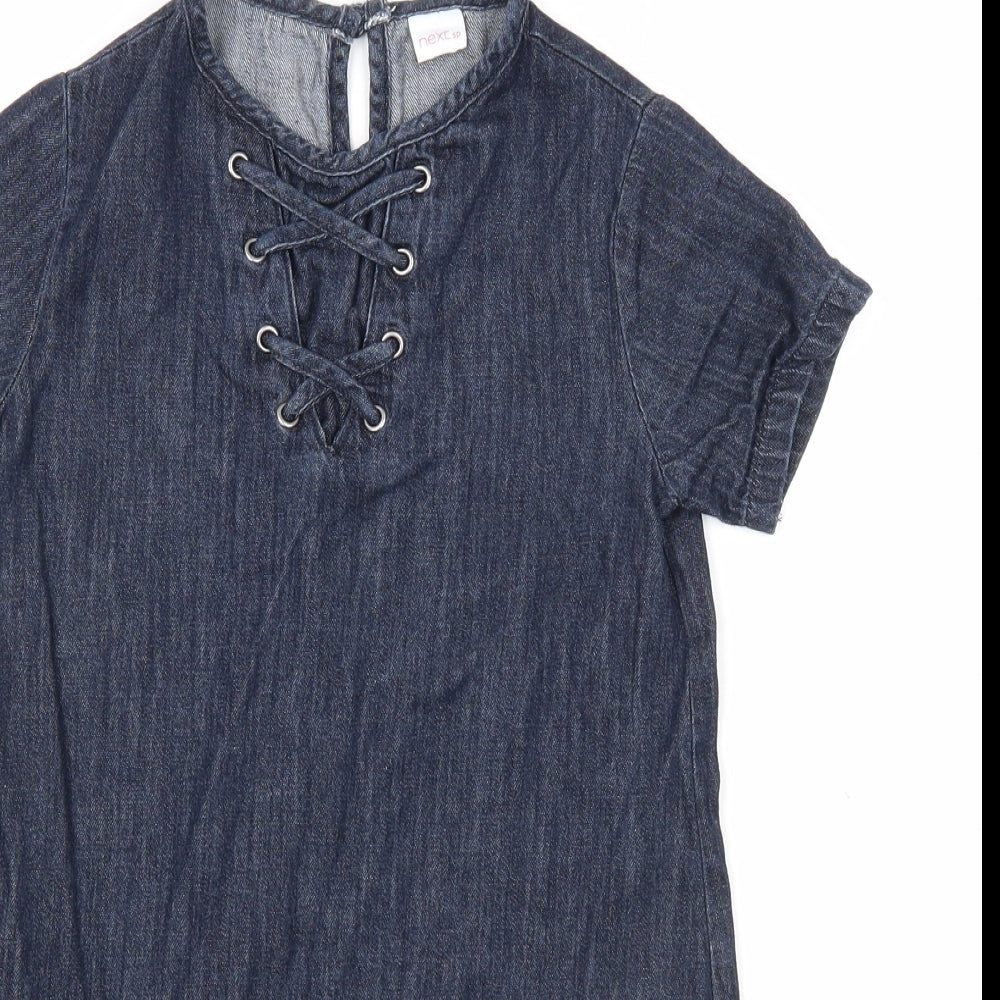 NEXT Girls Blue Cotton A-Line Size 7 Years Round Neck Button