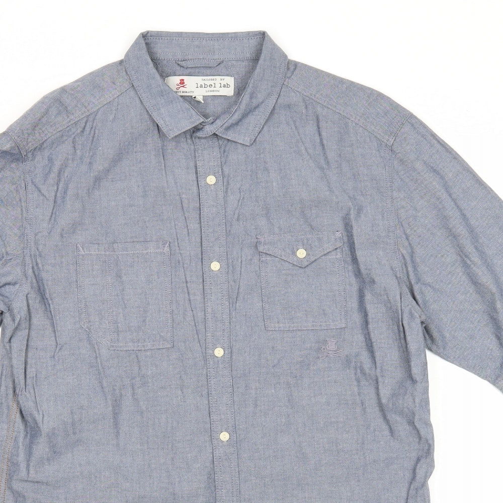 Label Lab Mens Blue Cotton Button-Up Size M Collared Button