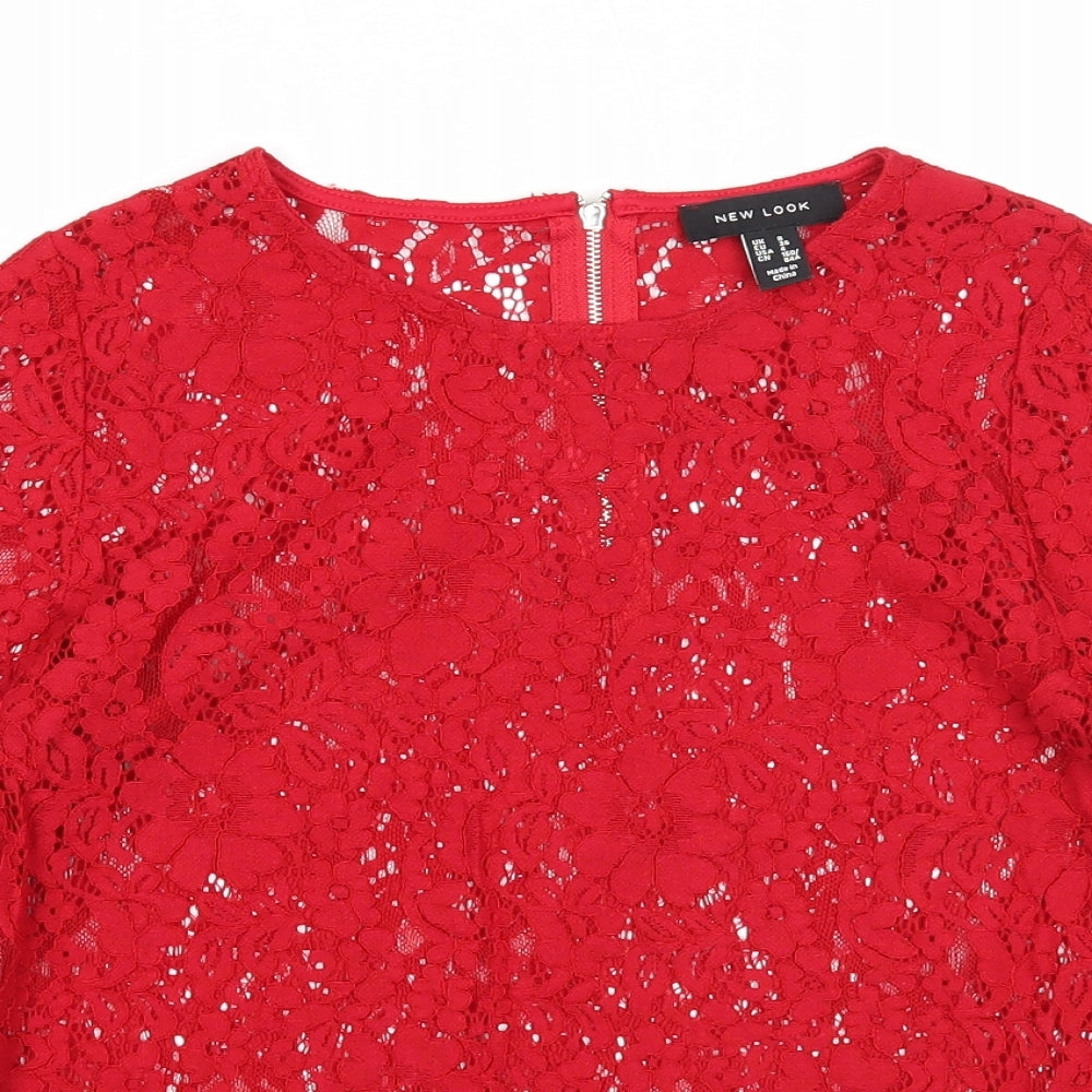 New Look Womens Red Polyamide Basic Blouse Size 8 Round Neck
