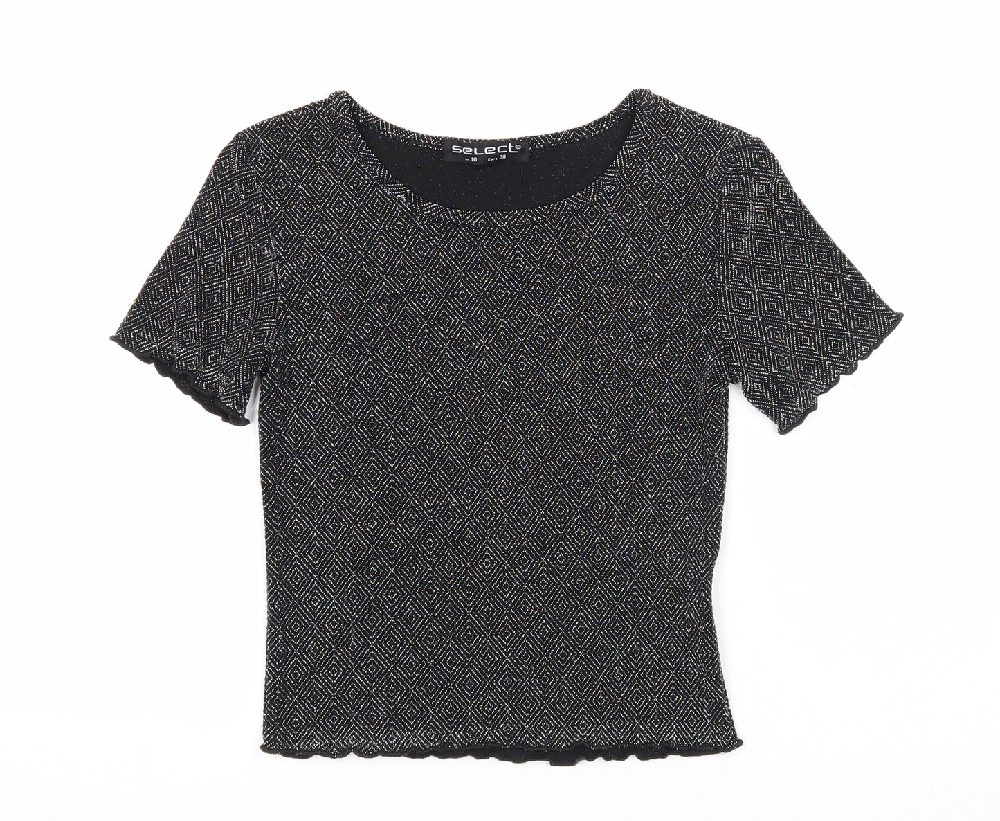 Select Womens Black Geometric Nylon Basic T-Shirt Size 10 Round Neck