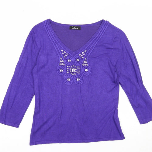 Sky Designs Womens Purple V-Neck Viscose Pullover Jumper Size 6