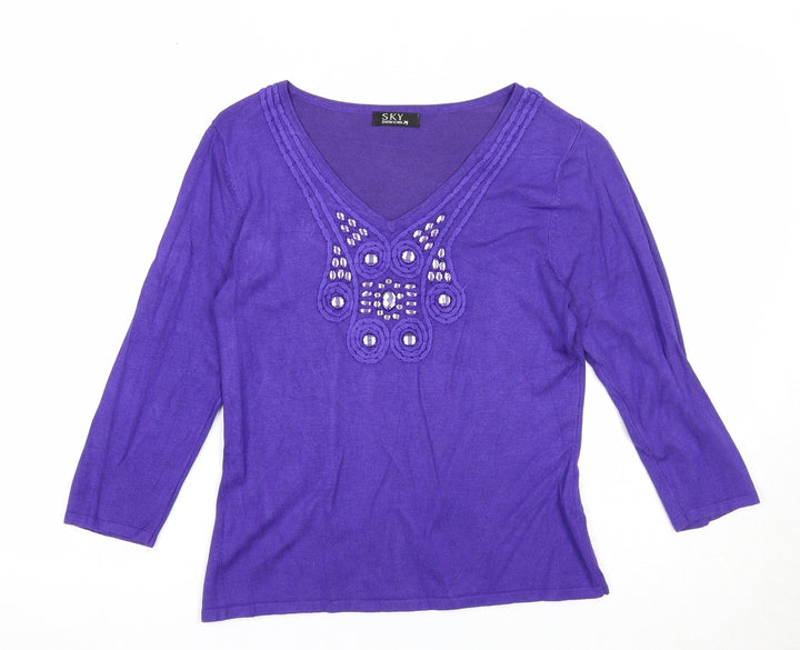 Sky Designs Womens Purple V-Neck Viscose Pullover Jumper Size 6