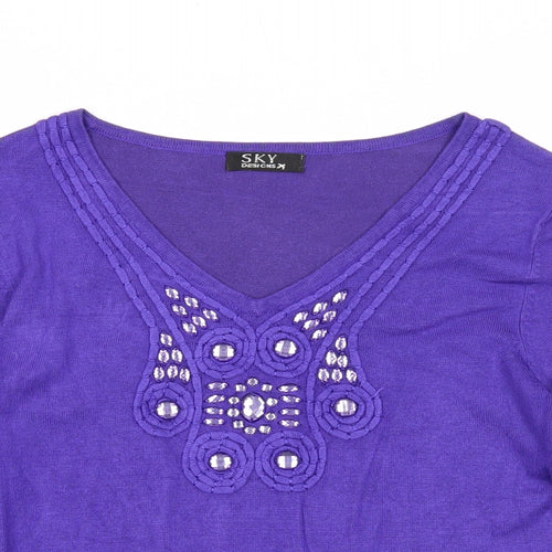 Sky Designs Womens Purple V-Neck Viscose Pullover Jumper Size 6