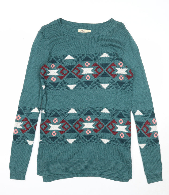 Hollister Womens Green Round Neck Geometric Cotton Pullover Jumper Size S