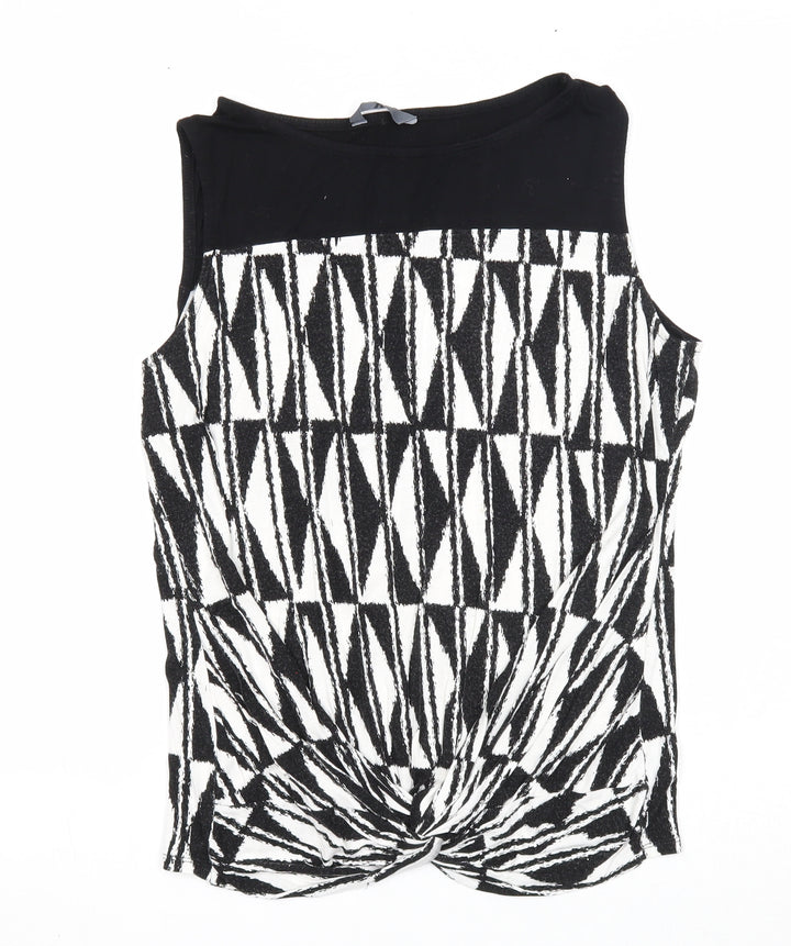 BHS Womens Black Geometric Viscose Basic Tank Size 14 Round Neck - Twist Detail