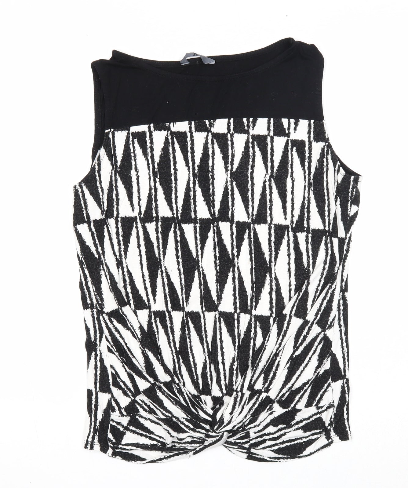 BHS Womens Black Geometric Viscose Basic Tank Size 14 Round Neck - Twist Detail