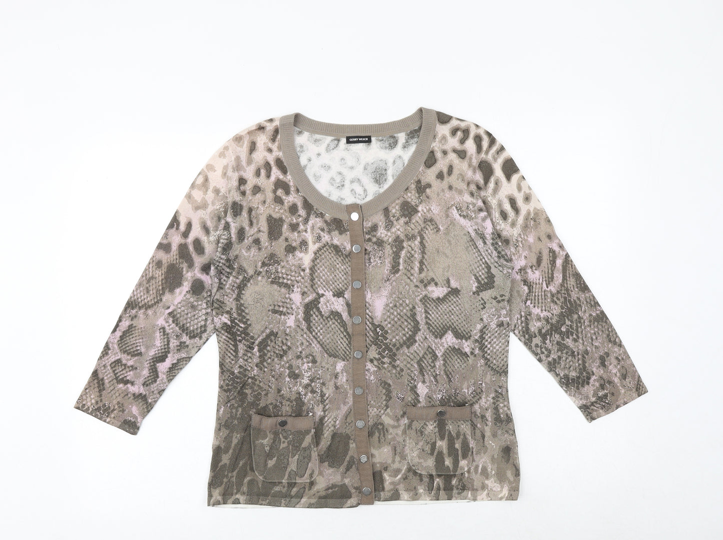 Gerry Weber Womens Brown Round Neck Animal Print Viscose Cardigan Jumper Size 12 - Snakeskin Pattern