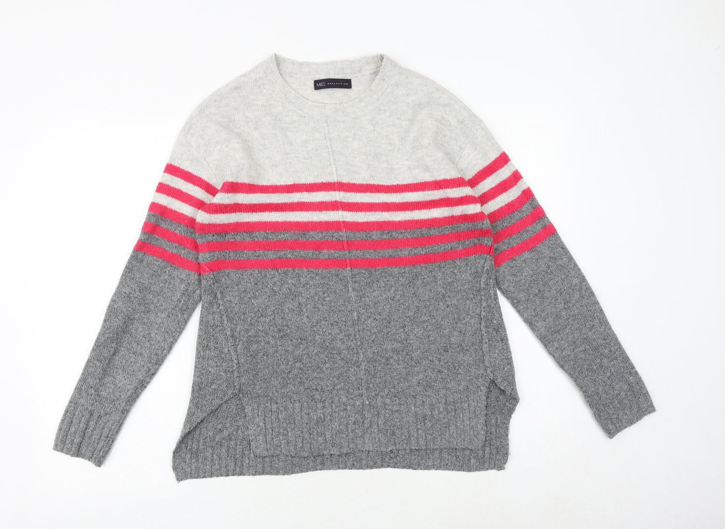 Marks and Spencer Womens Grey Round Neck Striped Acrylic Pullover Jumper Size S