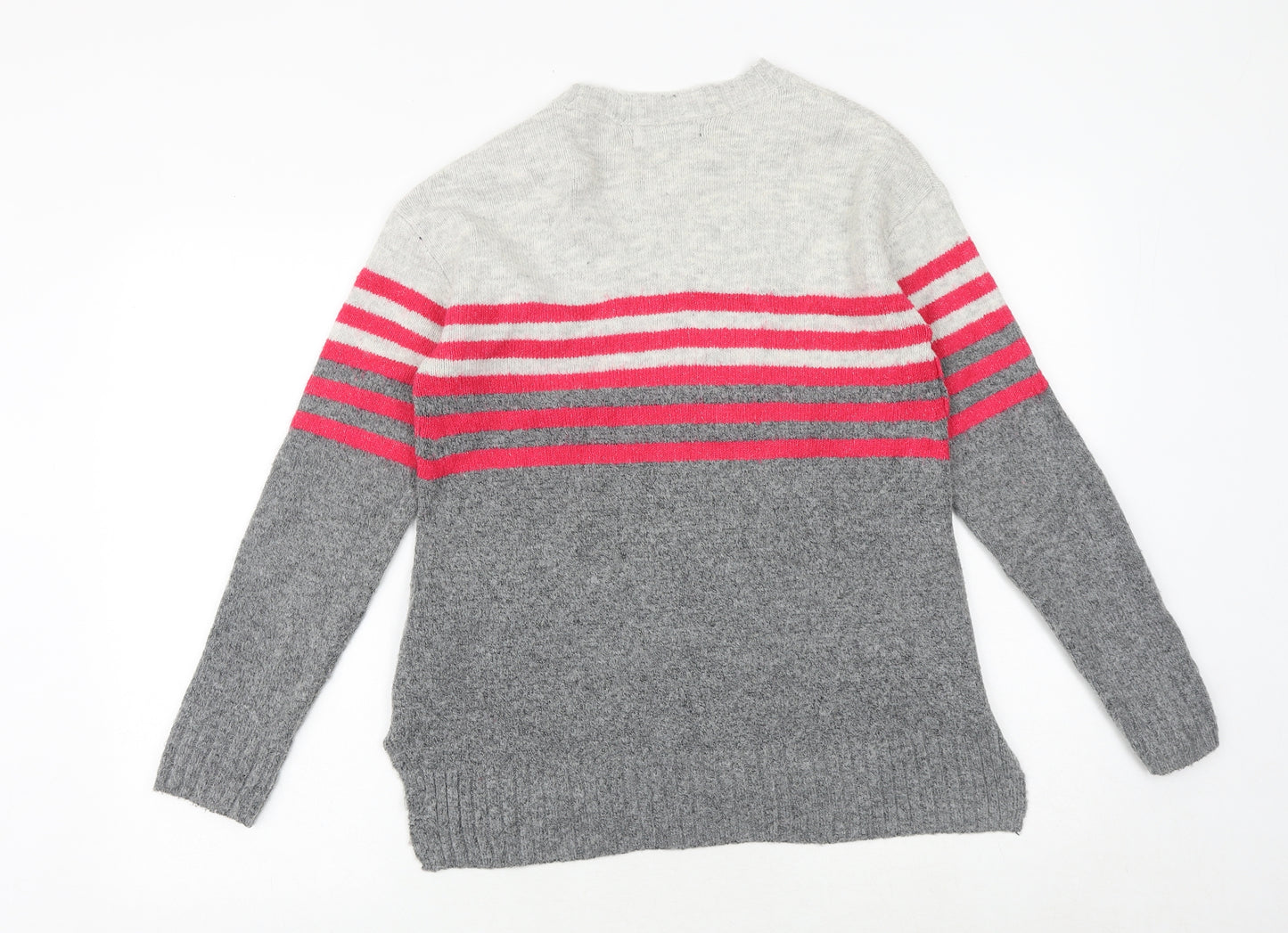 Marks and Spencer Womens Grey Round Neck Striped Acrylic Pullover Jumper Size S