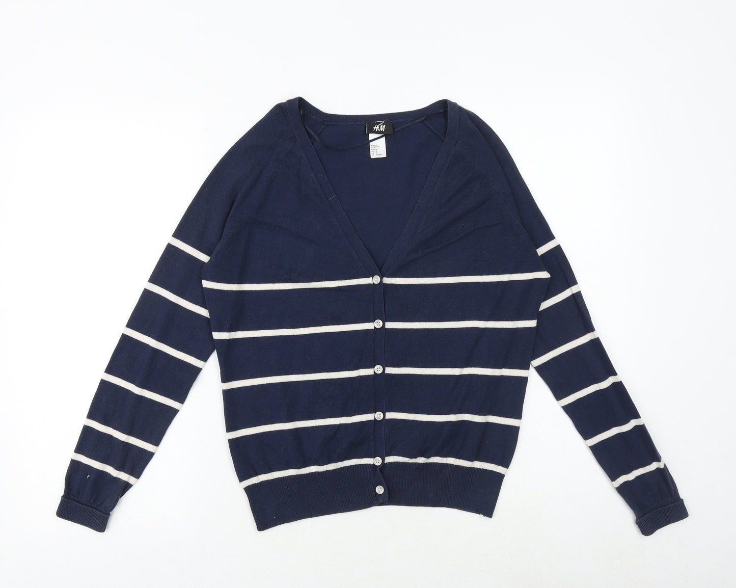 H&M Womens Blue V-Neck Striped Cotton Cardigan Jumper Size M
