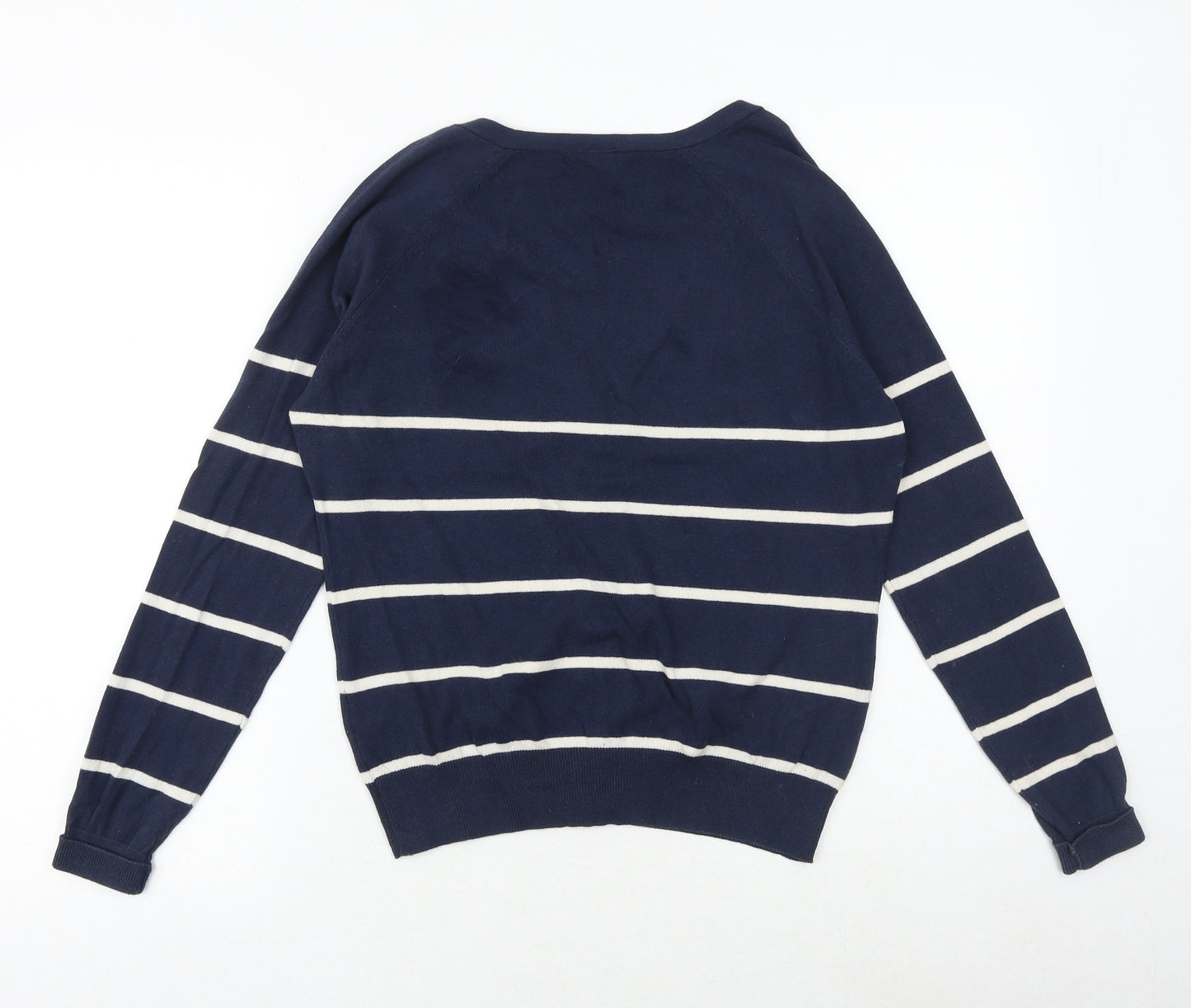 H&M Womens Blue V-Neck Striped Cotton Cardigan Jumper Size M