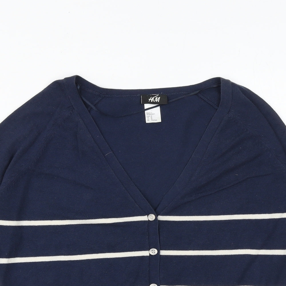 H&M Womens Blue V-Neck Striped Cotton Cardigan Jumper Size M