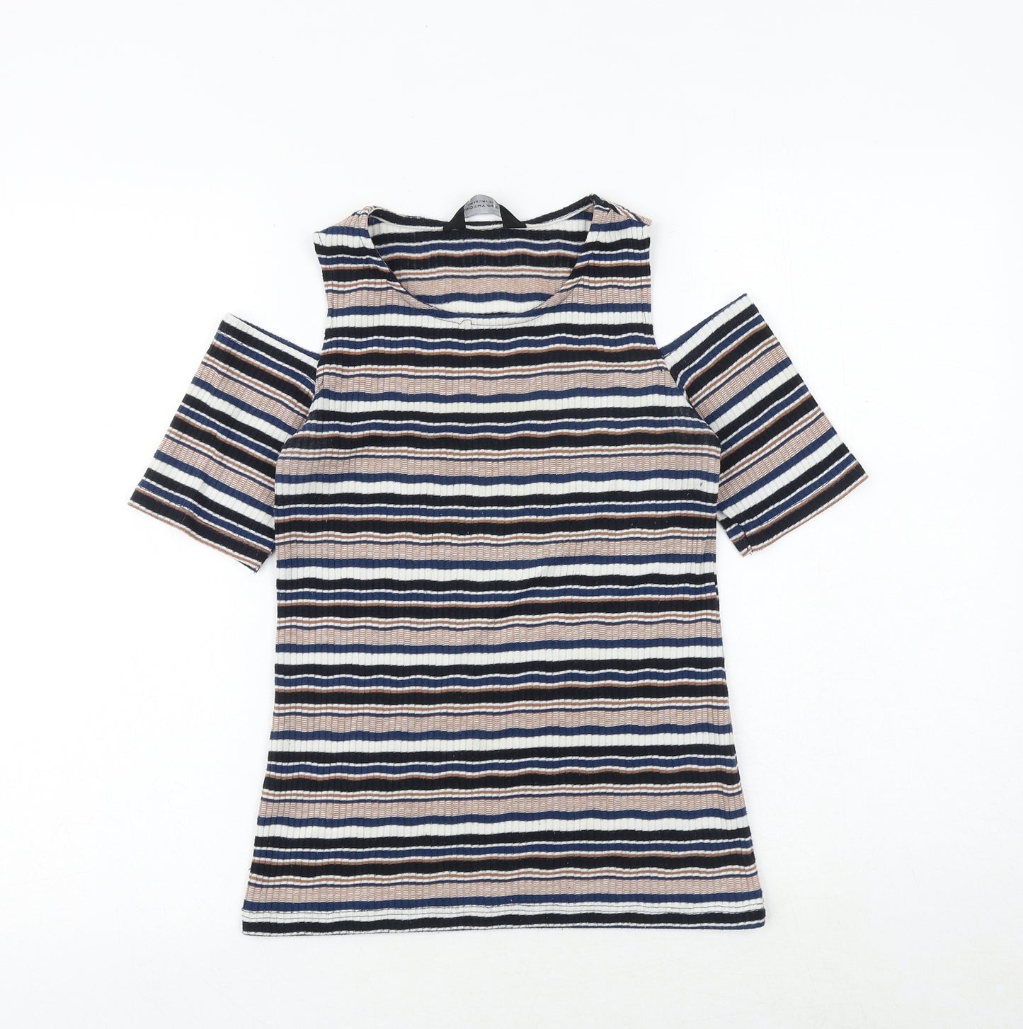 Dorothy Perkins Womens Multicoloured Striped Polyester Basic T-Shirt Size 8 Round Neck - Cold Shoulder