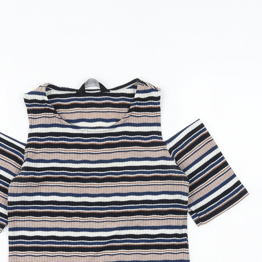 Dorothy Perkins Womens Multicoloured Striped Polyester Basic T-Shirt Size 8 Round Neck - Cold Shoulder
