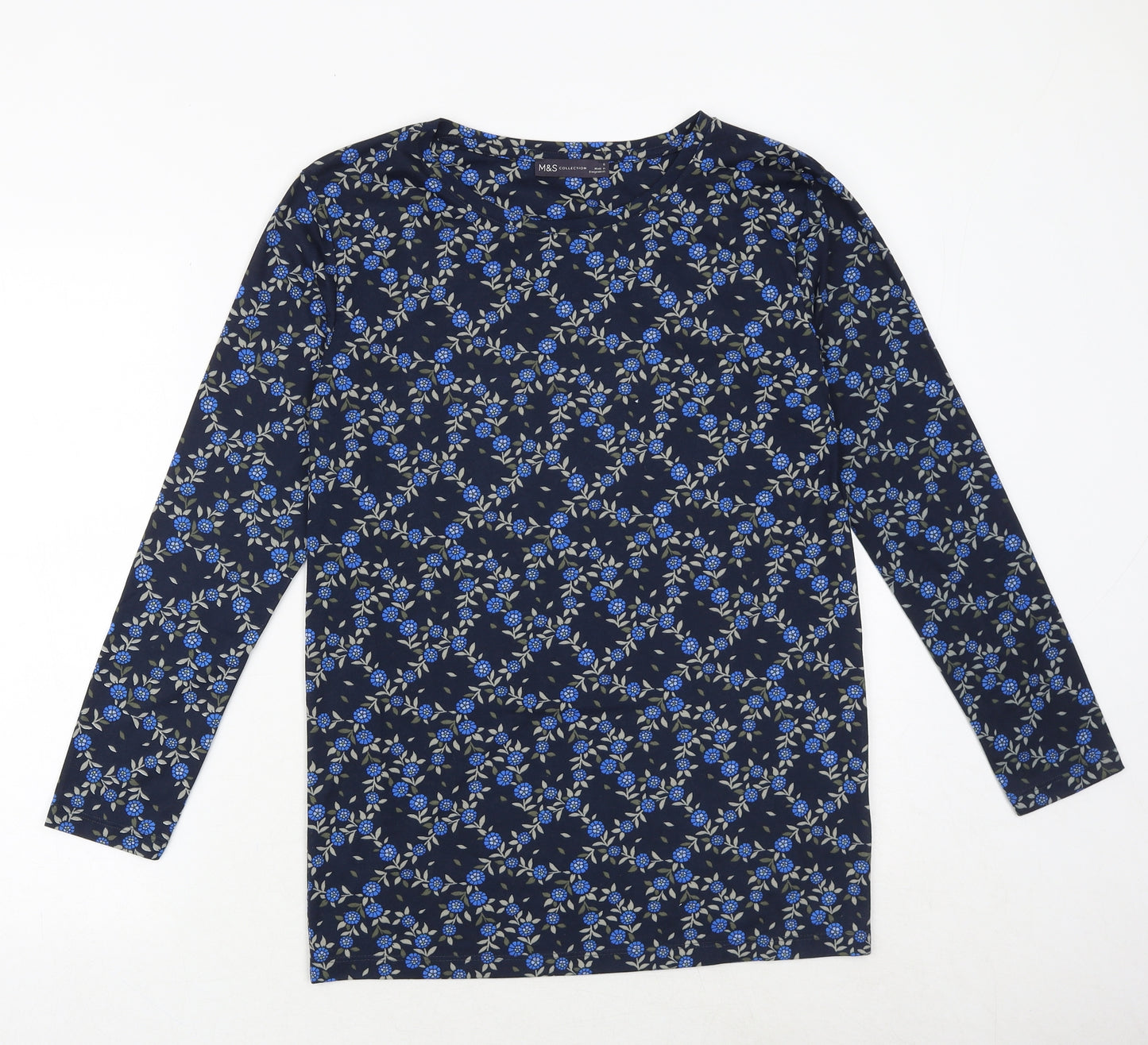 Marks and Spencer Womens Blue Floral Polyester Basic T-Shirt Size 6 Round Neck