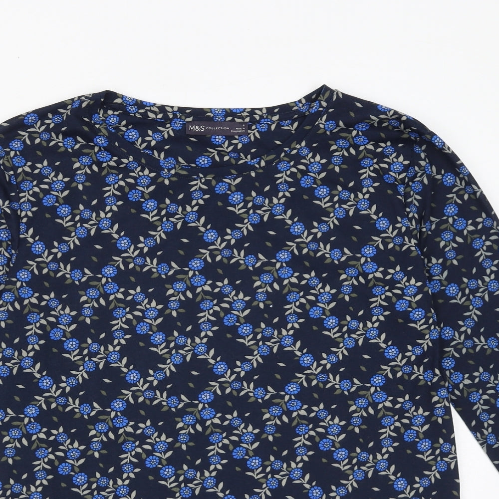 Marks and Spencer Womens Blue Floral Polyester Basic T-Shirt Size 6 Round Neck