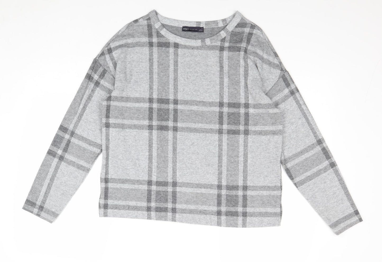 Marks and Spencer Womens Grey Plaid Polyester Basic T-Shirt Size 10 Round Neck