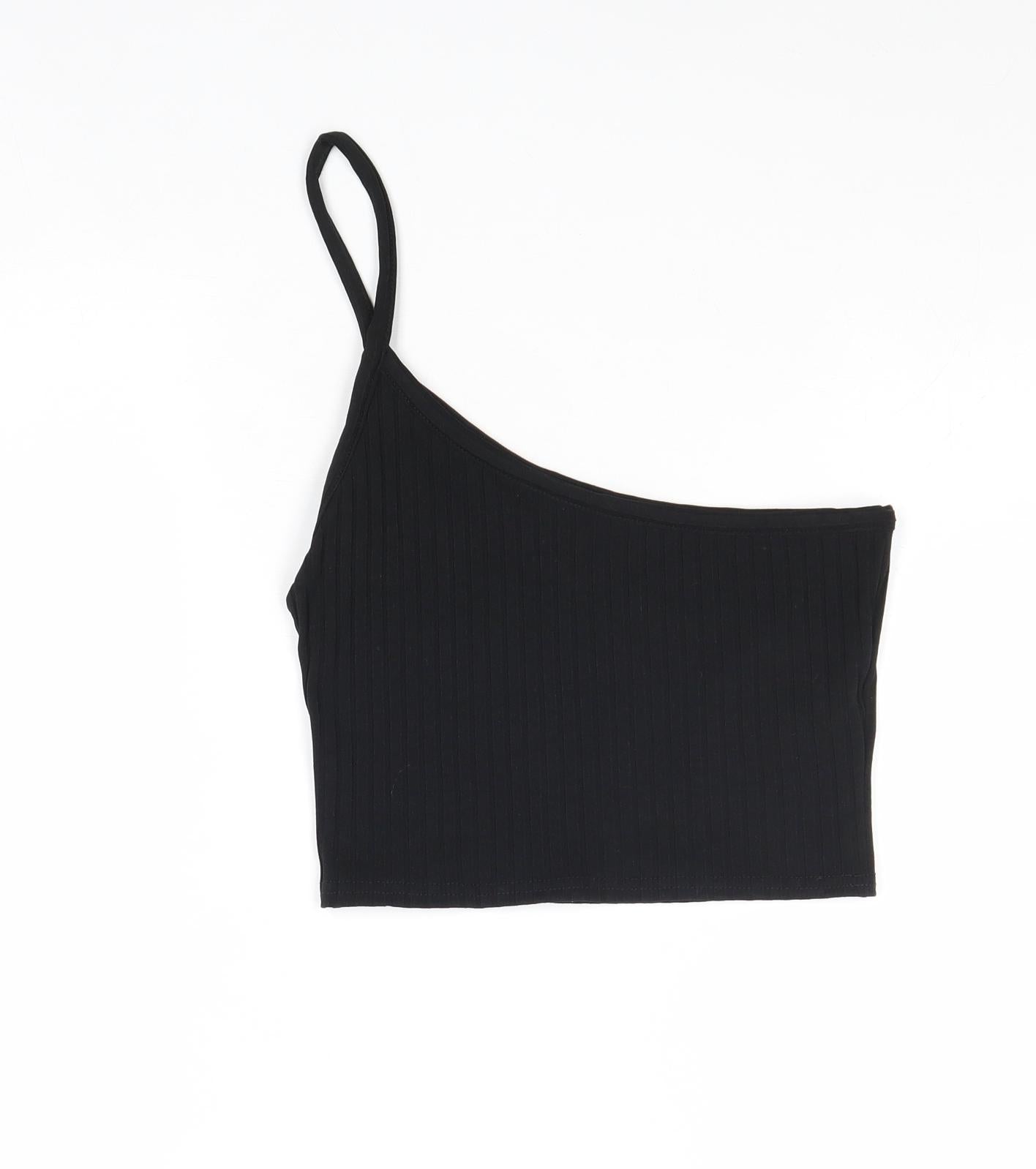 PRETTYLITTLETHING Womens Black Polyester Cropped Tank Size 8 One Shoulder