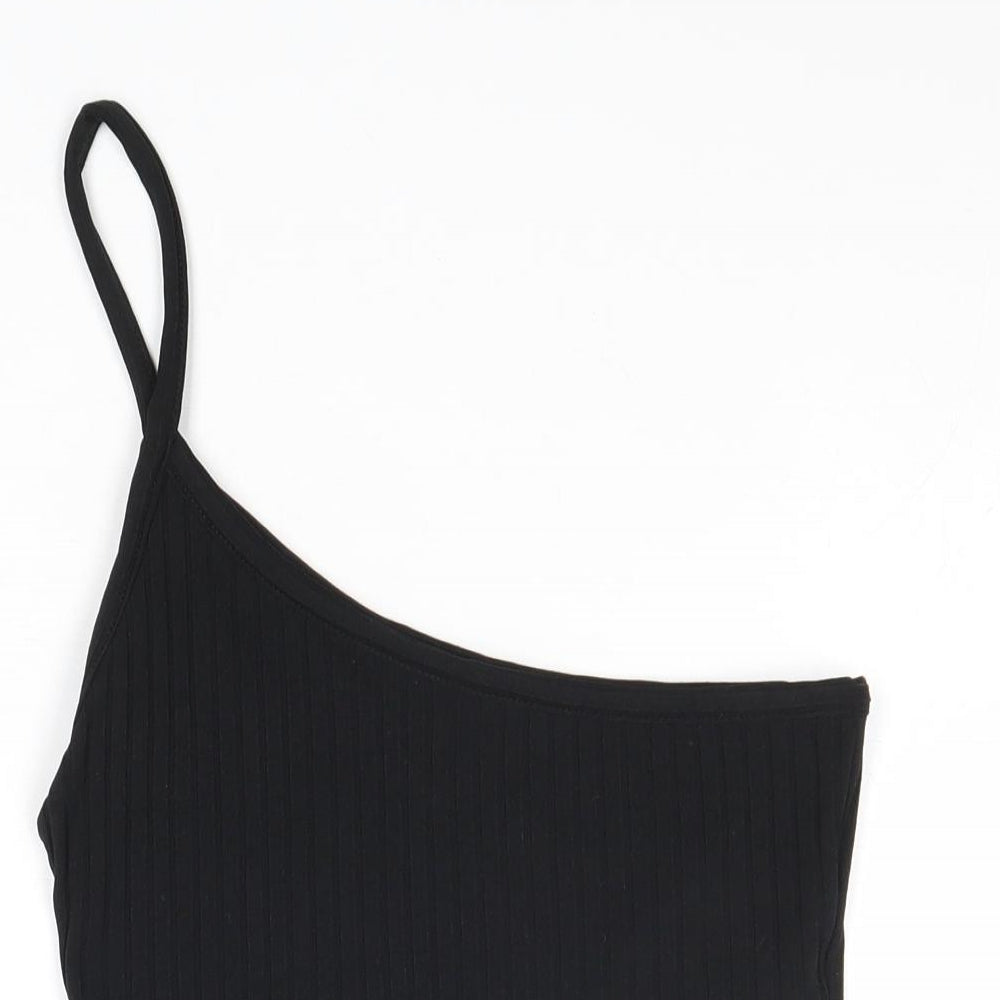 PRETTYLITTLETHING Womens Black Polyester Cropped Tank Size 8 One Shoulder