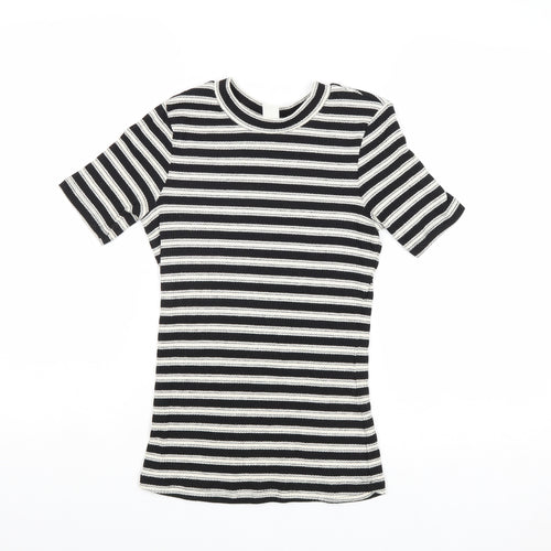 H&M Womens Black Striped Polyester Basic T-Shirt Size XS Round Neck