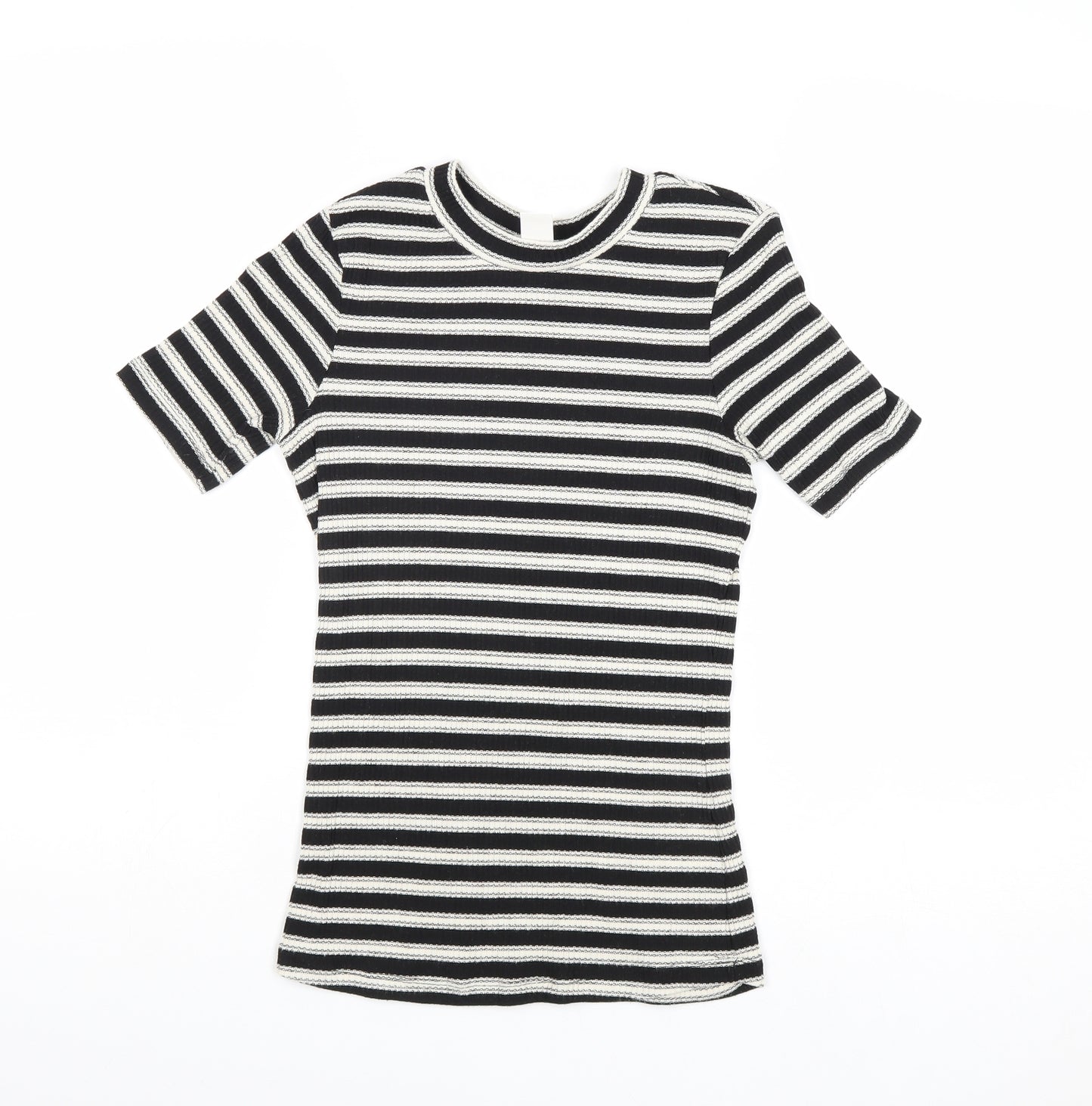H&M Womens Black Striped Polyester Basic T-Shirt Size XS Round Neck