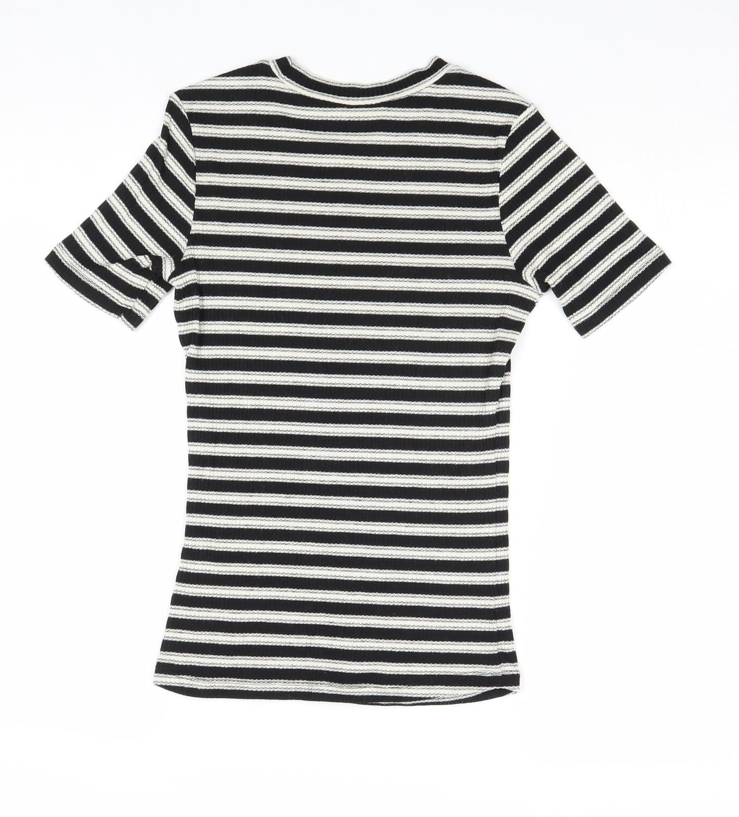 H&M Womens Black Striped Polyester Basic T-Shirt Size XS Round Neck