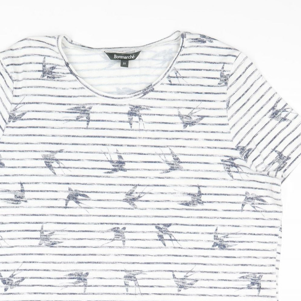 Bonmarché Womens White Striped Polyester Basic T-Shirt Size 20 Round Neck - Bird Pattern