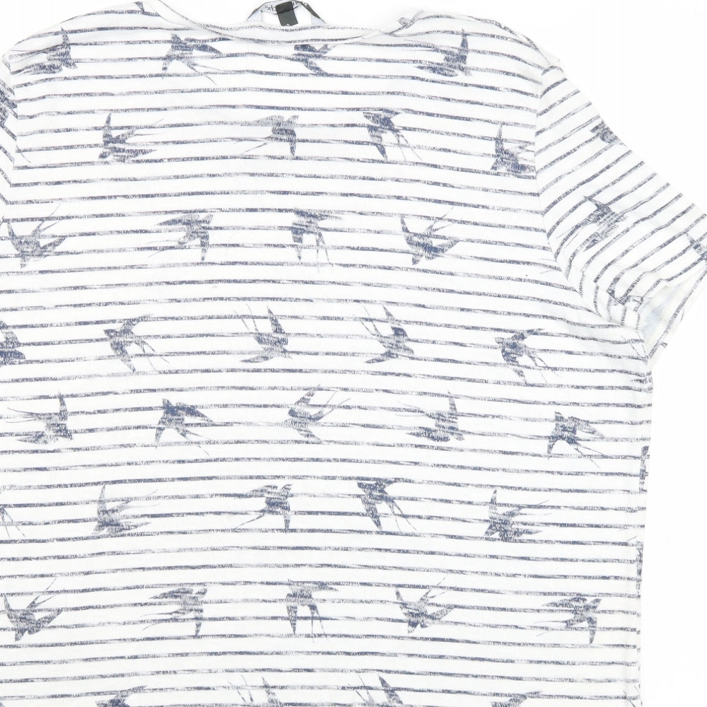 Bonmarché Womens White Striped Polyester Basic T-Shirt Size 20 Round Neck - Bird Pattern