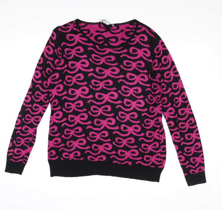 Marks and Spencer Womens Pink Round Neck Geometric Acrylic Pullover Jumper Size 16 - Bow Pattern