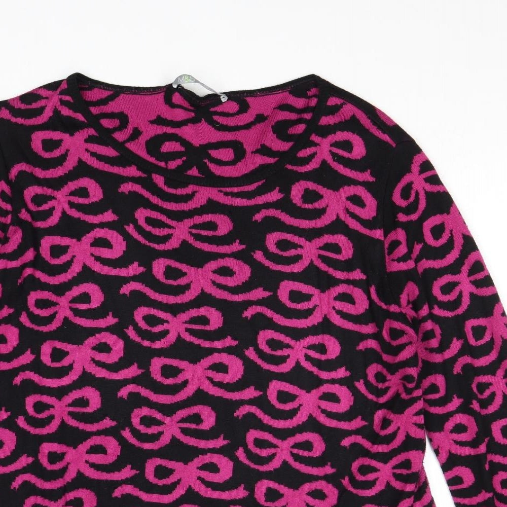 Marks and Spencer Womens Pink Round Neck Geometric Acrylic Pullover Jumper Size 16 - Bow Pattern