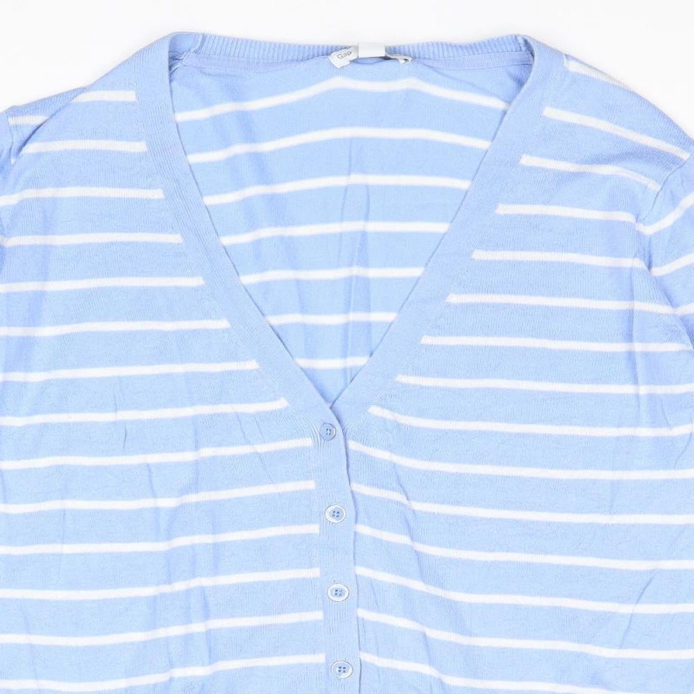 Gap Womens Blue V-Neck Striped Cotton Cardigan Jumper Size S