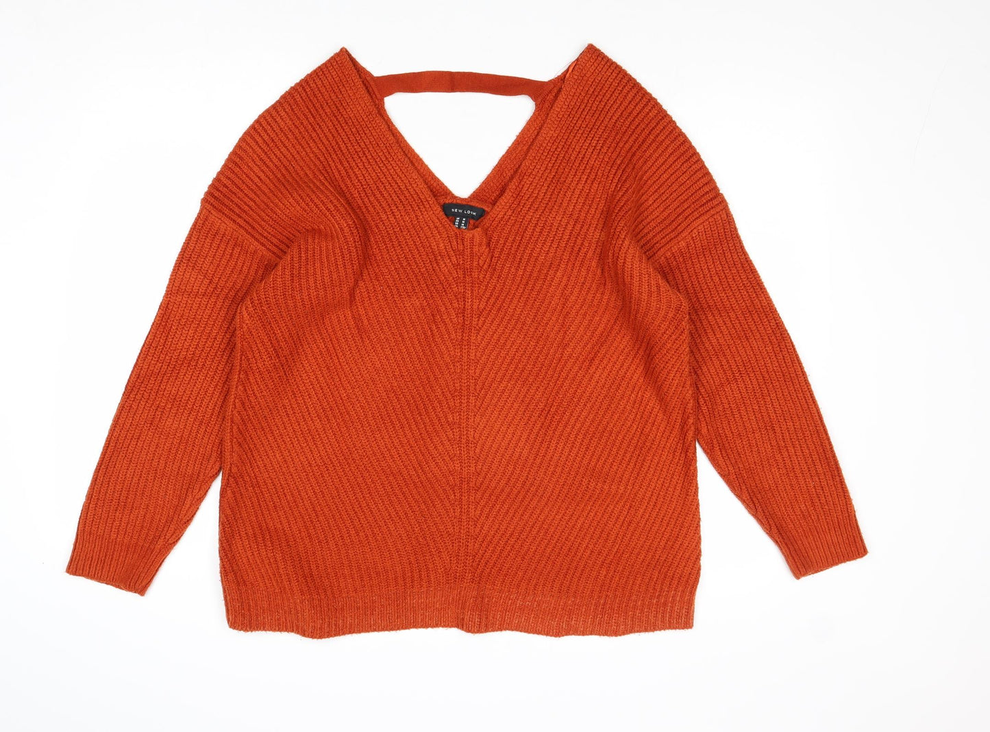 New Look Womens Orange V-Neck Acrylic Pullover Jumper Size M